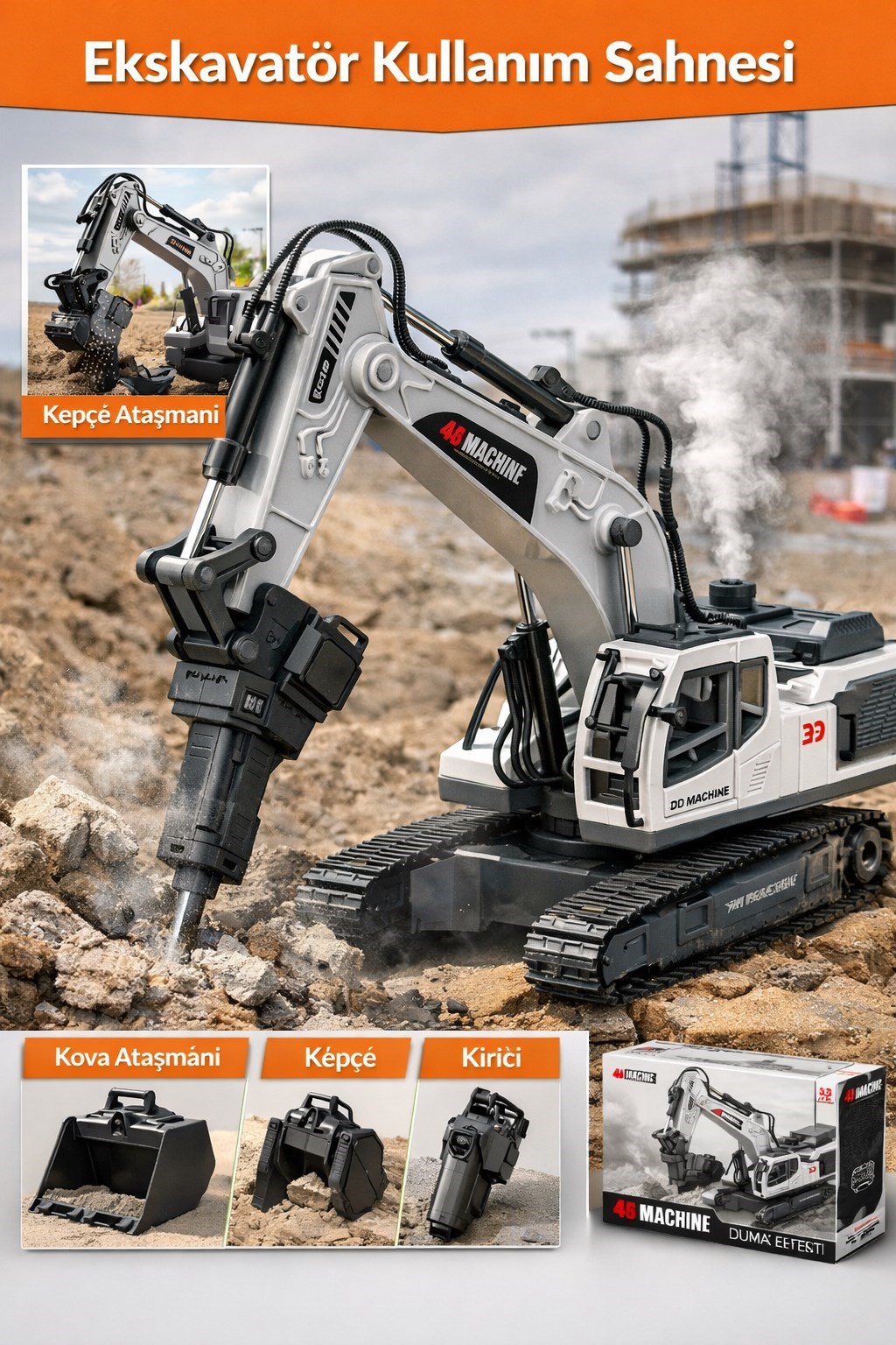 Uzaktan Kumandalı 3 Başlıklı Duman Atan Şarjlı Metal İş Makinesi Kepçe Kırıcı