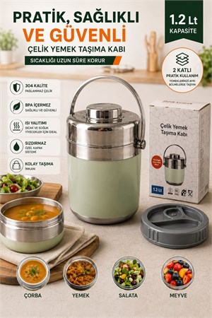 1.2 Lt 2li Paslanmaz Çelik Sızdırmaz Termos Yemek Taşıma Kabı / Sefer Tası Beslenme Kutusu