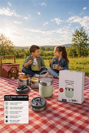 1.5 Lt 2li Paslanmaz Çelik Sızdırmaz Termos Yemek Taşıma Kabı / Sefer Tası Beslenme Kutusu