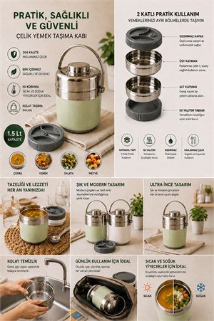 1.5 Lt 2li Paslanmaz Çelik Sızdırmaz Termos Yemek Taşıma Kabı / Sefer Tası Beslenme Kutusu