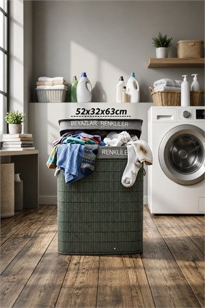 100 Litre Bambu Kirli Çamaşır Sepeti 2 Bölmeli Modern Tasarım Çamaşır Sepeti Beyaz Renkli Ayrı