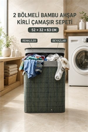 100 Litre Bambu Kirli Çamaşır Sepeti 2 Bölmeli Modern Tasarım Çamaşır Sepeti Beyaz Renkli Ayrı