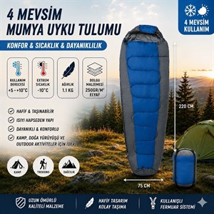4 Mevsim Mumya Tip Uyku Tulumu -10°C Konforlu Kamp Uyku Tulumu Yıkanabilir MAVİ