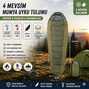 4 Mevsim Mumya Tip Uyku Tulumu -10°C Konforlu Kamp Uyku Tulumu Yıkanabilir YEŞİL