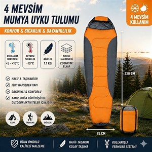4 Mevsim Mumya Tip Uyku Tulumu -10°C Konforlu Kamp Uyku Tulumu Yıkanabilir TURUNCU