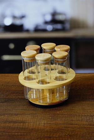 6lı Döner Standlı Bambu Baharat Takımı Cam Baharatlık