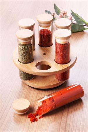 6lı Döner Standlı Bambu Baharat Takımı Cam Baharatlık
