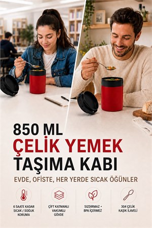 850 ML Paslanmaz Çelik Sızdırmaz Termos Yemek Taşıma Kabı / Sefer Tası Beslenme Kutusu