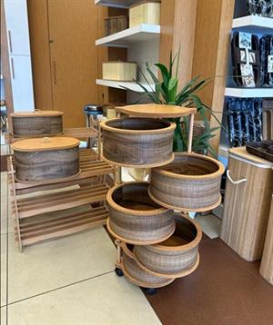 Ahşap Yuvarlak Sebzelik 5 Katlı Yana Açılır Patates Soğan Tekerlekli Sebzelik