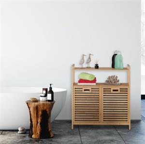 Bambu 2 Bölmeli Kirli Çamaşır Sepeti 2 Raflı Banyo Düzenleyici Dolap Banyo Dolabı
