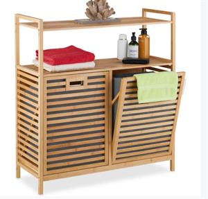 Bambu 2 Bölmeli Kirli Çamaşır Sepeti 2 Raflı Banyo Düzenleyici Dolap Banyo Dolabı