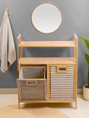 Bambu 2 Bölmeli Kirli Çamaşır Sepeti 2 Raflı Banyo Düzenleyici Dolap Banyo Dolabı