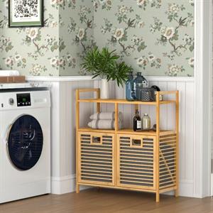 Bambu 2 Bölmeli Kirli Çamaşır Sepeti 2 Raflı Banyo Düzenleyici Dolap Banyo Dolabı