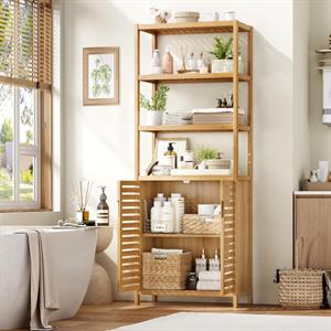 Bambu Banyo Dolabı 6 Raflı Kapaklı Salon Mutfak Çalışma Odası Dolabı Kitaplık