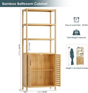 Bambu Banyo Dolabı 6 Raflı Kapaklı Salon Mutfak Çalışma Odası Dolabı Kitaplık