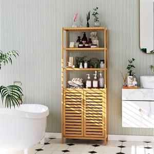 Bambu Banyo Dolabı 6 Raflı Kapaklı Salon Mutfak Çalışma Odası Dolabı Kitaplık