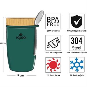 Bambu Kapak Yemek Termosu 500ml Çelik Termos Yeşil 12 Saat Sıcak Tutar