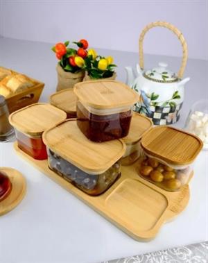 Bambu Kapaklı 6lı Cam Kahvaltılık Vakumlu Kapak Borosilikat Kahvaltı Seti