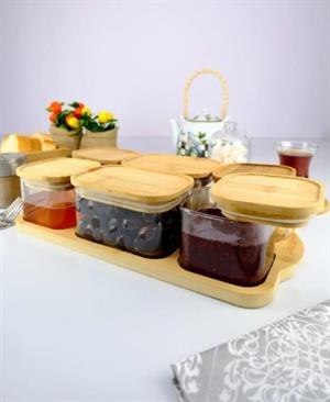 Bambu Kapaklı 6lı Cam Kahvaltılık Vakumlu Kapak Borosilikat Kahvaltı Seti