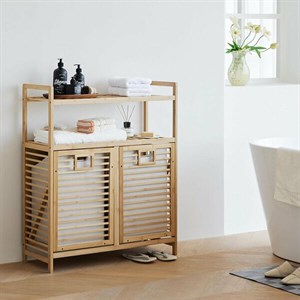 Çok Amaçlı Bambu Banyo Dolabı Düzenleyici Raf Ve Çift Bölmeli Kirli Çamaşır Sepeti