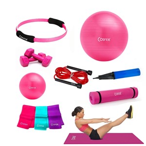 Cosfer 8Li Pilates Seti Top Mat Çember Bant Dambıl Pompa Atlama İpi