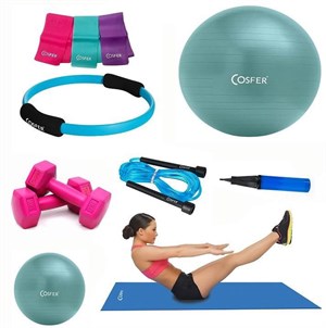 Cosfer 8Li Pilates Seti Top Mat Çember Bant Dambıl Pompa Atlama İpi