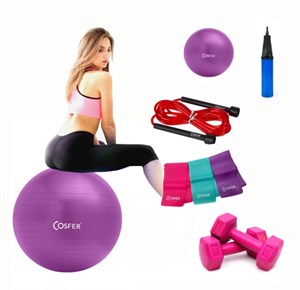 Cosfer Pilates Seti 6 Parça 55 Cm Top Dambıl 3Lü Bant İp Pompa