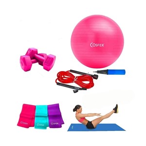Cosfer Pilates Seti 6 Parça 55 Cm Top Dambıl 3Lü Bant İp Mat