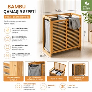 Doğal Bambu Çamaşır Sepeti 70 Litre 2 Gözlü Kirli Çamaşır Sepeti Modern Tasarım