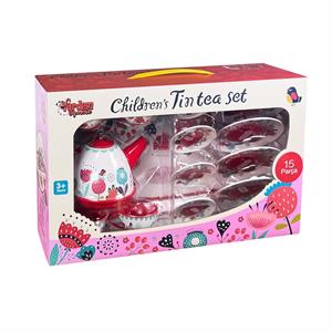 Evcilik Oyun Seti 15 Parça Çiçek Desenli Metal Çay Seti Oyuncak Fincan Seti