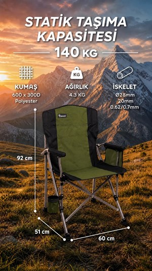 Katlanır Kamp Sandalyesi 140 kg Taşıma Kapasiteli Bardaklıklı Taşınabilir Sandalye Haki