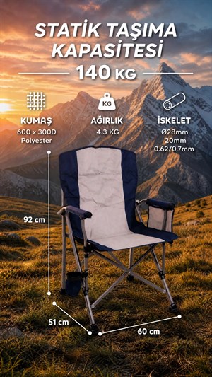 Katlanır Kamp Sandalyesi 140 kg Taşıma Kapasiteli Bardaklıklı Taşınabilir Sandalye Lacivert