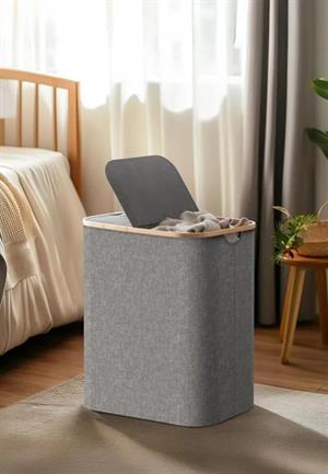 Katlanır Kumaş 100 Lt Bambu Çamaşır Sepeti 2 Bölmeli İçi Fileli Kirli Çamaşır Sepeti