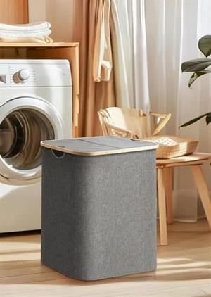 Katlanır Kumaş 100 Lt Bambu Çamaşır Sepeti 2 Bölmeli İçi Fileli Kirli Çamaşır Sepeti