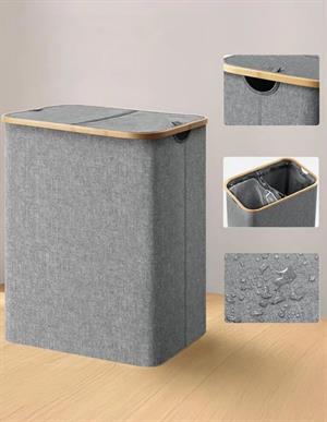 Katlanır Kumaş 100 Lt Bambu Çamaşır Sepeti 2 Bölmeli İçi Fileli Kirli Çamaşır Sepeti