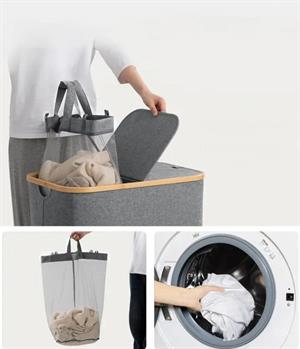 Katlanır Kumaş 100 Lt Bambu Çamaşır Sepeti 2 Bölmeli İçi Fileli Kirli Çamaşır Sepeti