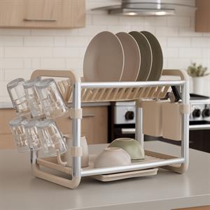 Premium Alüminyum Bulaşıklık Paslanmaz 2 Katlı Bardak Tabak Kurutma Sepeti