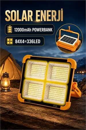 Solar Enerjili 336 LED Şarjlı Projektör 12000 mAh Powerbank Kamp ve Acil Durum Lambası