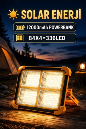 Solar Enerjili 336 LED Şarjlı Projektör 12000 mAh Powerbank Kamp ve Acil Durum Lambası