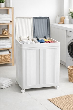 Tekerlekli Katlanabilir 2 Bölmeli 100 Litre Çamaşır ve Oyuncak Sepeti – Pratik Ev Düzenleyici