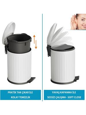Vintage 12 Lt Yavaş Kapanır Kapaklı Ofis Mutfak Banyo Balkon Çöp Kovası Beyaz