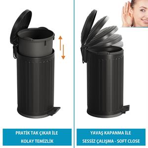 Vintage 16 Lt Yavaş Kapanır Kapaklı Ofis Mutfak Banyo Balkon Çöp Kovası Siyah