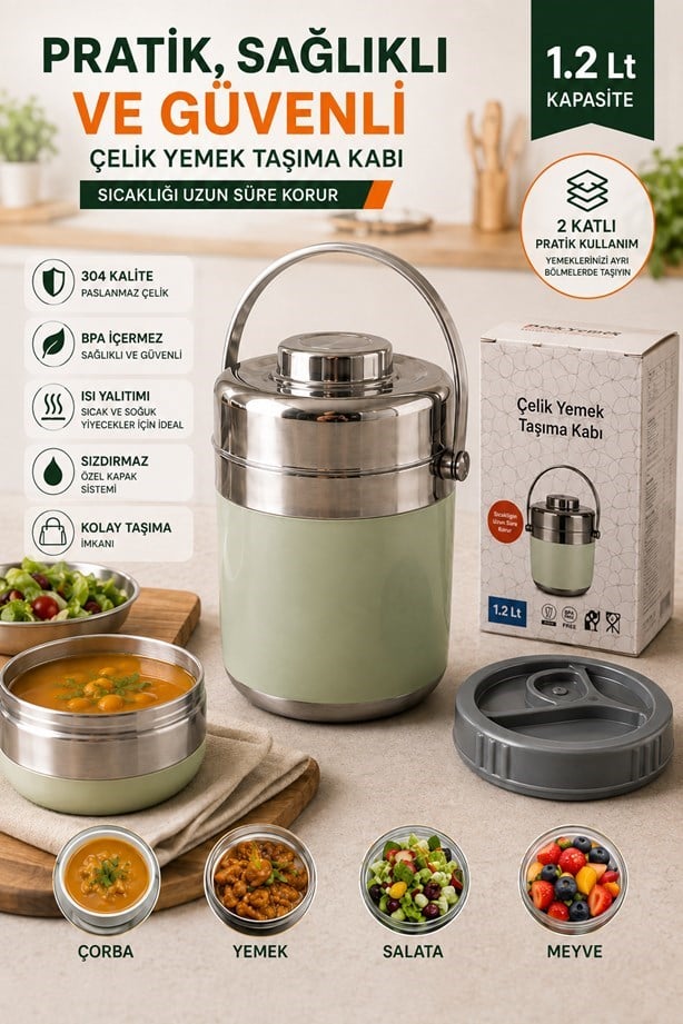 1.2 Lt 2'li Paslanmaz Çelik Sızdırmaz Termos Yemek Taşıma Kabı / Sefer Tası Beslenme Kutusu