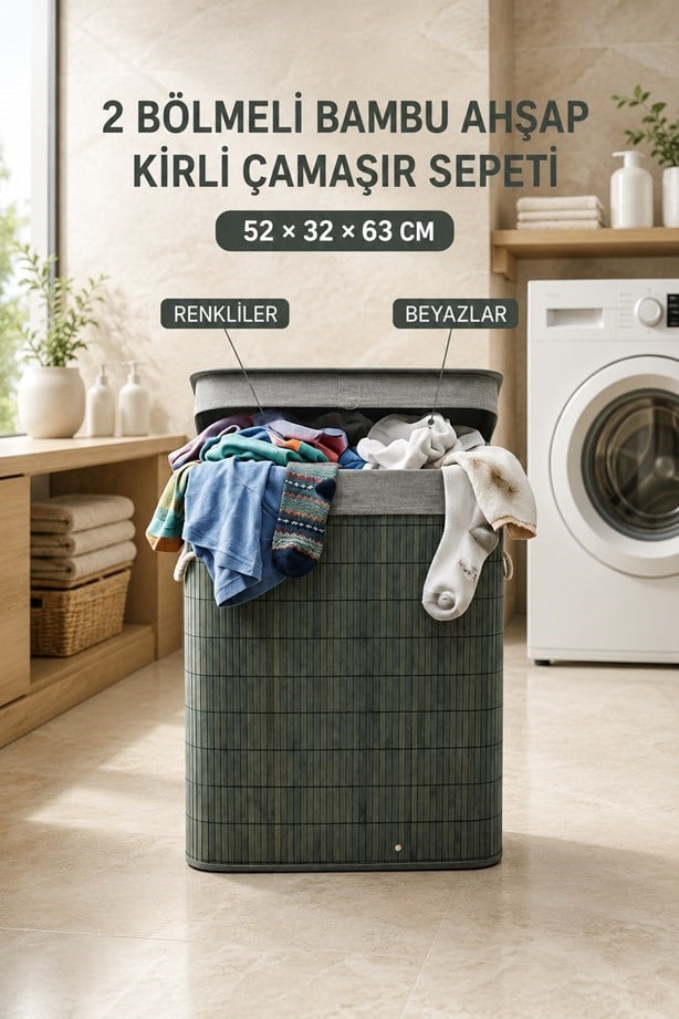 100 Litre Bambu Kirli Çamaşır Sepeti 2 Bölmeli Modern Tasarım Çamaşır Sepeti Beyaz Renkli Ayrı