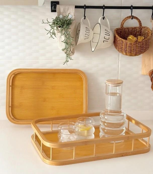 2'Li Bambu Tepsi Çay Servis Sunum Tepsisi Tepsi Seti Servis Tepsisi