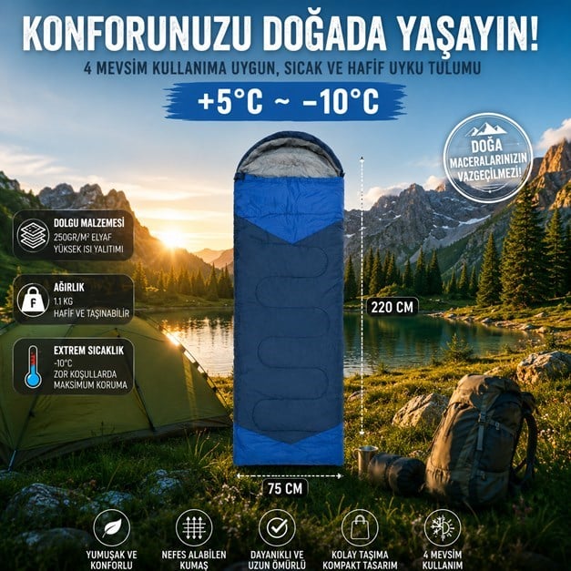 4 Mevsim Uyku Tulumu +5°C -10°C Kamp Uyku Tulumu Nefes Alabilen Kumaş LACİVERT