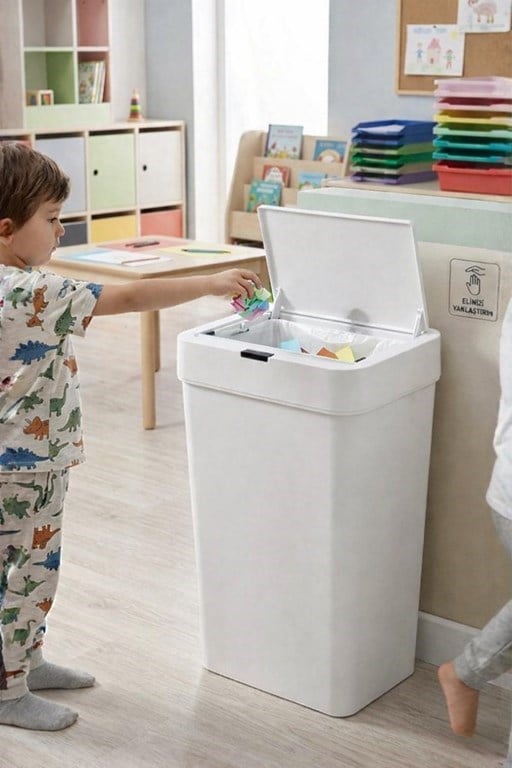 50 Litre Kızıl Ötesi Sensörlü Otomatik Çöp Kovası Ofis Mutfak Banyo Antibakteriyel Çöp Kovası Beyaz