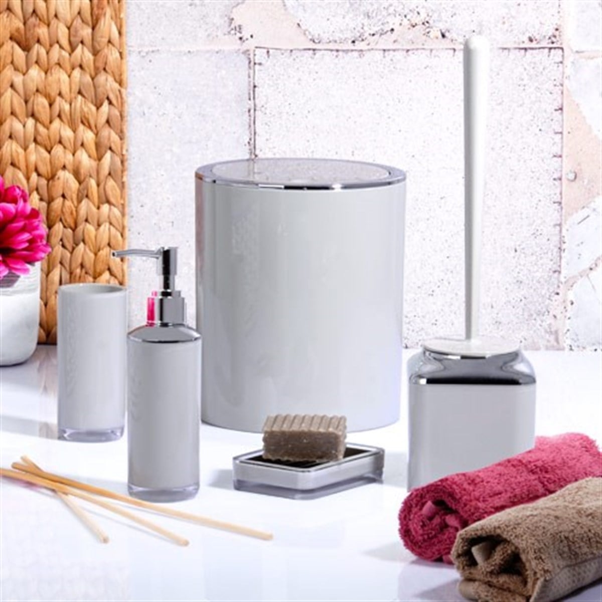 5'Li Banyo Seti Lavabo Takımı Nikelajlı Gri