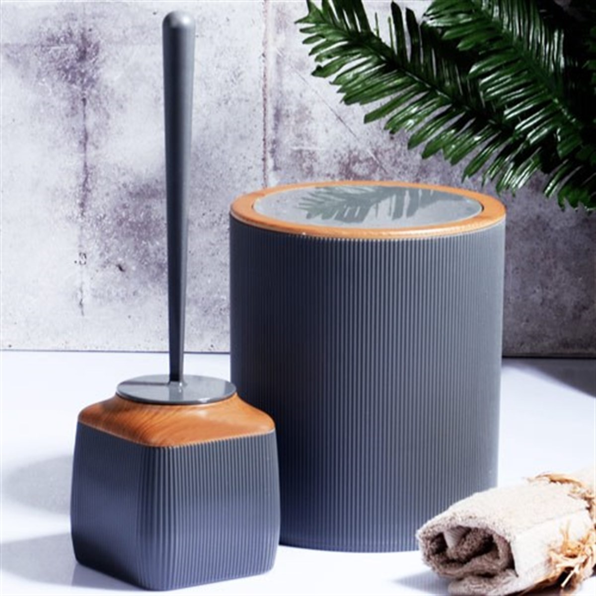Ahşap Fitilli 2'Li Banyo Seti Füme Çöp Kovası Klozet Fırçası