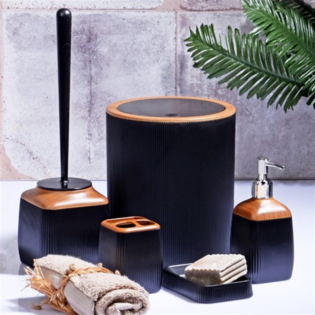 Ahşap Fitilli 5'Li Banyo Seti Lavabo Takımı Siyah